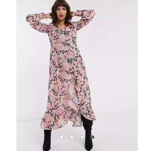 ASOS DESIGN maxi dress with frills in bright floral print retro 70s